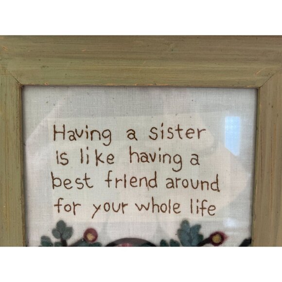 Charming FRAMED NEEDLEPOINT on Fabric w Applique Embroidery Sisters 12.5" sq - Picture 4 of 8